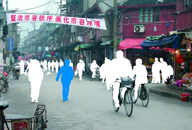 Chinese street scene showing an English to Chinese translator walking among other people to help you connect to the world.